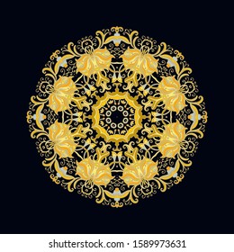 Stylized ornamental floral composition, rosette, mandala on dark background