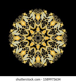Stylized ornamental floral composition, rosette, mandala on dark background