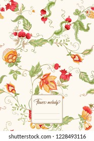 Stylized ornamental flowers in retro, vintage Jacobin embroidery style.  Template for cover of notebook, label for product,  gift voucher with place for text. Vector illustration.