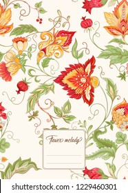 Stylized ornamental flowers in retro, vintage Jacobin embroidery style.  Template for cover of notebook, label for product,  gift voucher with place for text. Vector illustration.