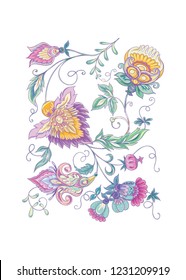 Stylized ornamental flowers in retro, vintage style. Jacobin embroidery. Colored vector illustration In pink, blue, ultraviolet colors. Isolated on white background.