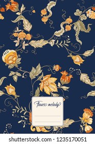 Stylized ornamental flowers in retro, vintage Jacobin embroidery style.  Template for cover of notebook, label for product,  gift voucher with place for text. Vector illustration.