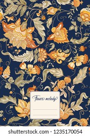 Stylized ornamental flowers in retro, vintage Jacobin embroidery style.  Template for cover of notebook, label for product,  gift voucher with place for text. Vector illustration.