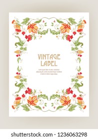 Stylized ornamental flowers in retro, vintage Jacobin embroidery style.  Template for label for product, invitation, greeting card, banner, gift voucher with place for text. Vector illustration.