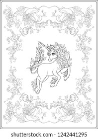 Stylized ornamental flowers in retro, vintage Jacobin embroidery style with unicorn. Outline hand drawing vector illustration. Ñoloring page for the adult coloring book. 