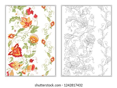 Stylized ornamental flowers in retro, vintage Jacobin embroidery style. Outline hand drawing vector illustration. Coloring page for the adult coloring book With colored sample. 