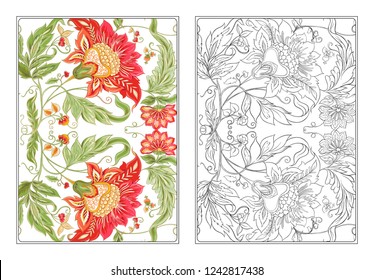 Stylized ornamental flowers in retro, vintage Jacobin embroidery style. Outline hand drawing vector illustration. Coloring page for the adult coloring book With colored sample. 