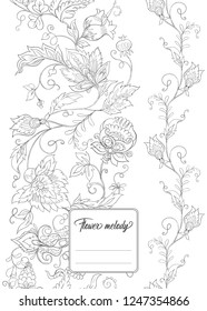 Stylized ornamental flowers in retro, vintage Jacobin embroidery style.  Template for cover of notebook, label for product,  gift voucher with place for text. Outline hand drawing vector illustration.