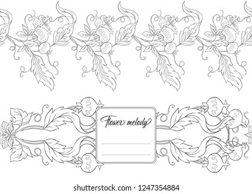 Stylized ornamental flowers in retro, vintage Jacobin embroidery style.  Template for cover of notebook, label for product,  gift voucher with place for text. Outline hand drawing vector illustration.
