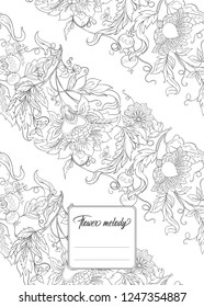 Stylized ornamental flowers in retro, vintage Jacobin embroidery style.  Template for cover of notebook, label for product,  gift voucher with place for text. Outline hand drawing vector illustration.