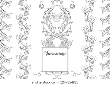 Stylized ornamental flowers in retro, vintage Jacobin embroidery style.  Template for cover of notebook, label for product,  gift voucher with place for text. Outline hand drawing vector illustration.