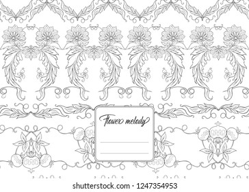 Stylized ornamental flowers in retro, vintage Jacobin embroidery style.  Template for cover of notebook, label for product,  gift voucher with place for text. Outline hand drawing vector illustration.