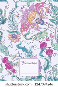 Stylized ornamental flowers in retro, vintage Jacobin embroidery style.  Template for cover of notebook, label for product,  gift voucher with place for text. Vector illustration.