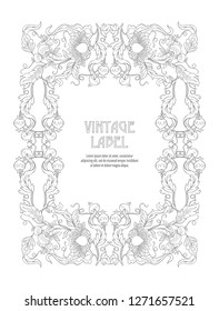 Stylized ornamental flowers in retro, vintage Jacobin embroidery style.  Template for label for product, gift voucher with place for text. Outline hand drawing vector illustration.