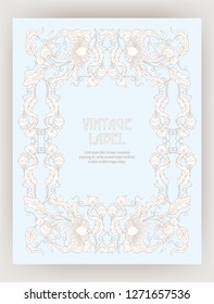 Stylized ornamental flowers in retro, vintage Jacobin embroidery style.  Template for label for product, invitation, greeting card, banner, gift voucher with place for text. Vector illustration.