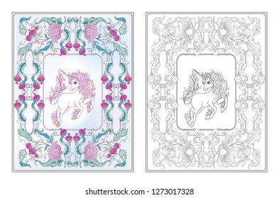 Stylized ornamental flowers in retro, vintage Jacobin embroidery style with unicorn. Outline hand drawing vector illustration. Coloring page for the adult coloring book with colored sample. 