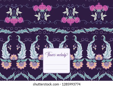 Stylized ornamental flowers in retro, vintage Jacobin embroidery style.  Template for cover of notebook, label for product,  gift voucher with place for text. Vector illustration.