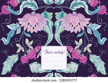 Stylized ornamental flowers in retro, vintage Jacobin embroidery style.  Template for cover of notebook, label for product,  gift voucher with place for text. Vector illustration.