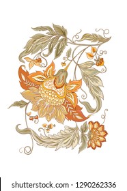 Stylized ornamental flowers in retro, vintage style. Jacobin embroidery. Colored vector illustration In In soft orange and green colors. Isolated on white background.