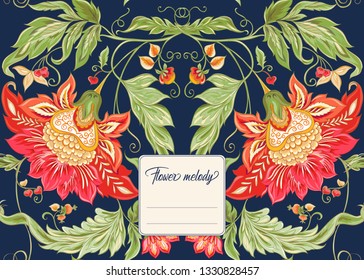 Stylized ornamental flowers in retro, vintage Jacobin embroidery style.  Template for cover of notebook, label for product, with place for text. Vector illustration on navy blue background.