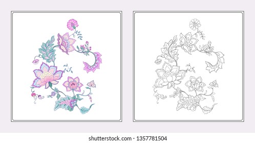 Stylized ornamental flowers in retro, vintage style. Jacobin embroidery style. Colored vector illustration In pink, ultraviolet colors. Coloring page for the adult coloring book with colored sample.