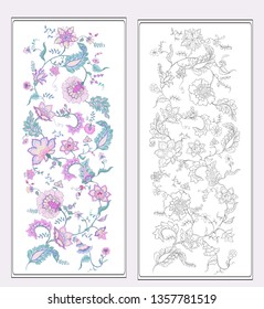 Stylized ornamental flowers in retro, vintage style. Jacobin embroidery style. Colored vector illustration In pink, ultraviolet colors. Coloring page for the adult coloring book with colored sample.