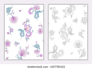 Stylized ornamental flowers in retro, vintage style. Jacobin embroidery style. Colored vector illustration In pink, ultraviolet colors. Coloring page for the adult coloring book with colored sample.