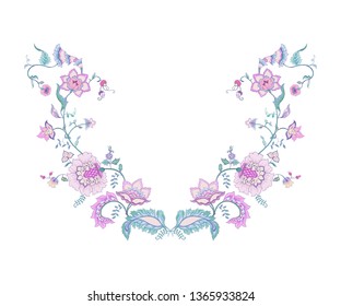 Stylized ornamental flowers in retro, vintage style. Jacobin embroidery. Good for embroidery for neckline. Colored vector illustration In pink, blue, ultraviolet colors Isolated on white background.