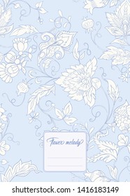 Stylized ornamental flowers in retro, vintage Jacobin embroidery style.  Template for cover of notebook, label for product,  gift voucher with place for text. Vector illustration.