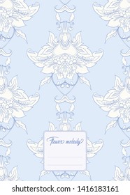 Stylized ornamental flowers in retro, vintage Jacobin embroidery style.  Template for cover of notebook, label for product,  gift voucher with place for text. Vector illustration.