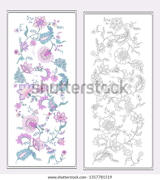 レトロなビンテージ風の装飾花の様式化 ジャコビン刺繍 ピンクの背景に色とベクターイラスト 紫外線 着色見本付き大人用塗り絵本の塗り絵 のベクター画像素材 ロイヤリティフリー