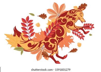 Stylized ornamental fox in a jump pose with autumn leaves illustration.