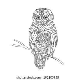 Stylized ornamental owl.  Hand drawn vector illustration