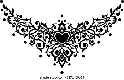 Stylized ornamental victorian gothic design with heart. Tattoo under breast, necklace shape