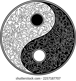 Símbolo yin yang ornamental estilizado. Patrón de estilo victoriano y damasco. Concepto de equilibrio. Elemento de diseño, tatuaje