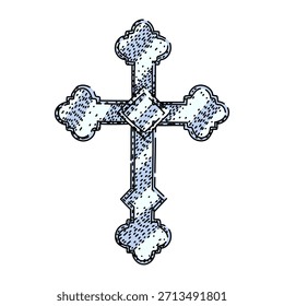 Stylized ornate cross with dotted texture and intricate engraving style details, isolated on white for religious, spiritual, vintage or church design projects and print use