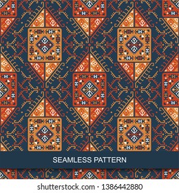 Stylized ornate seamless pattern in navy, yellow and red colors
