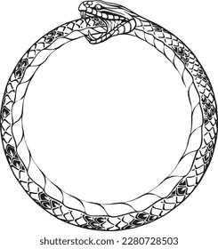 Ouroboros estilizados. Símbolo anticuado de serpiente mordiendo su cola. Arte de línea, estilo de esbozo