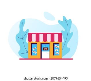 Stylized Outlet Shop with Open Sign Flat Style