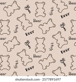 Stylized outline bears in a pattern.Vector seamless pattern with outline cartoon bears on a colored background with text.