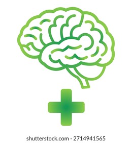 Esquema estilizado de un cerebro con un gradiente verde más signo, que simboliza la salud mental, la función cognitiva y el cuidado neurológico.