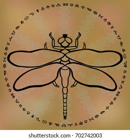 Stylized outline dragonfly on sandy brown ethnic blurred background framed with circle of alchemy symbols Totem animal spirit Hand drawn fantasy design for tattoo, fabric, poster print