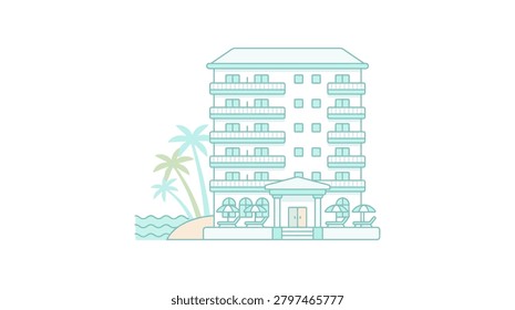 A stylized outline drawing of a multi-story hotel building featuring balconies, palm trees, and ocean waves in a minimalist aesthetic