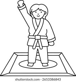 A stylized outline drawing of a person in a martial arts uniform standing on a mat with one arm raised in celebration.