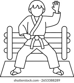 Um esboço estilizado de desenho de uma pessoa em um uniforme de artes marciais, incluindo um cinto, de pé em uma posição ampla em um tapete. A pessoa tem uma mão levantada em um gesto defensivo ou preparatório. Atrás