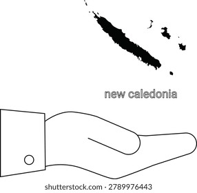 A stylized outline of a hand holding the map of New Caledonia, symbolizing protection or support.