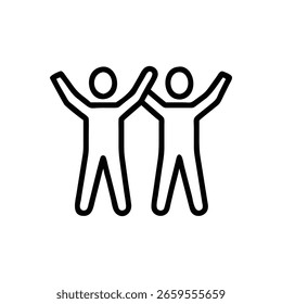 Un icono de contorno estilizado con personas diversas en un arreglo positivo y optimista sobre un fondo blanco limpio.
