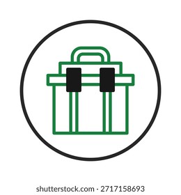 A stylized outline icon of a toolbox with a handle, rendered in green and black, positioned inside a circular frame against a clean background. Representing tools, repair, construction, or technical