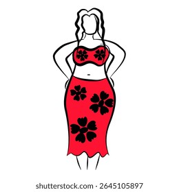 stylized, outline illustration of a female figure wearing a red two-piece outfit with a floral pattern.