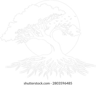 Stylized outline of a large tree with sprawling roots and a circular moon behind it keywords